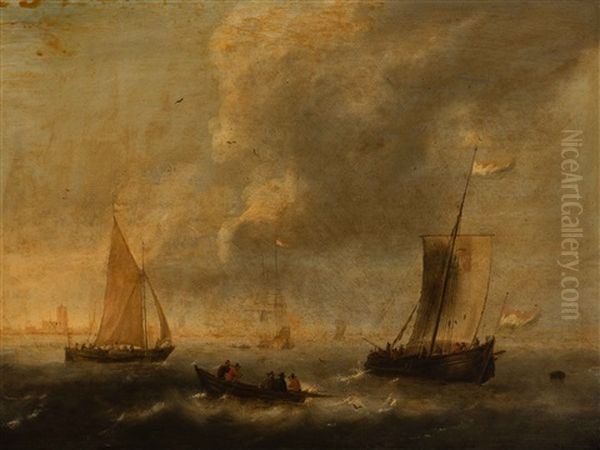 Ships Near The Coast, A City In The Background Oil Painting by Jacob Adriaenz. Bellevois