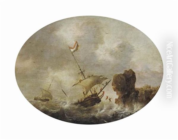 Stormy Seas With A Dutch Shipwreck Near A Rocky Coast Oil Painting by Jacob Adriaenz. Bellevois