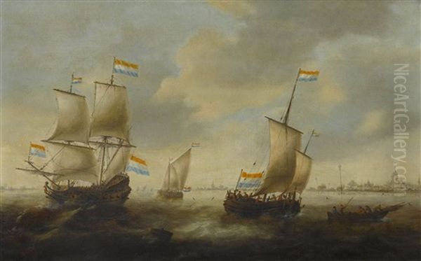 Segelschiffe Auf Bewegter Binnensee Oil Painting by Jacob Adriaenz. Bellevois