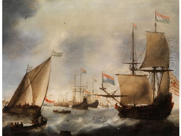 Segelschiffe Im Hafen Von Amsterdam Oil Painting by Jacob Adriaenz. Bellevois