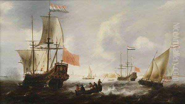 Hollandische Fregatten Und Boote An Der Kuste Von Vlissingen Oil Painting by Jacob Adriaenz. Bellevois
