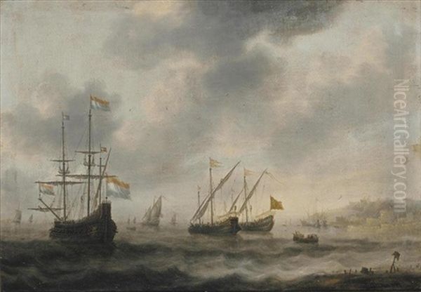The Dutch Flagship De Roode Leeuw And Two English Vessels Together With Other Shipping And Rowing Boats Before The Harbour Of Gibraltar Oil Painting by Jacob Adriaenz. Bellevois