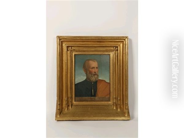 A Shoulder Length Portrait Of A Senator With A Beard And Wearing A Red Cloak Across His Left Shoulder Oil Painting by Giovanni Bellini