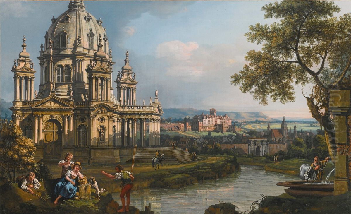 A Capriccio River Landscape With A Church To The Left Oil Painting by Bernardo Bellotto