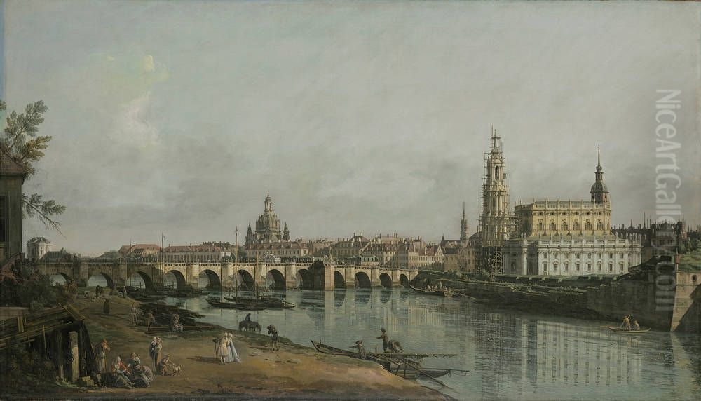 Dresden Vom Rechten Elbufer Unterhalb Der Augustusbrucke Oil Painting by Bernardo Bellotto