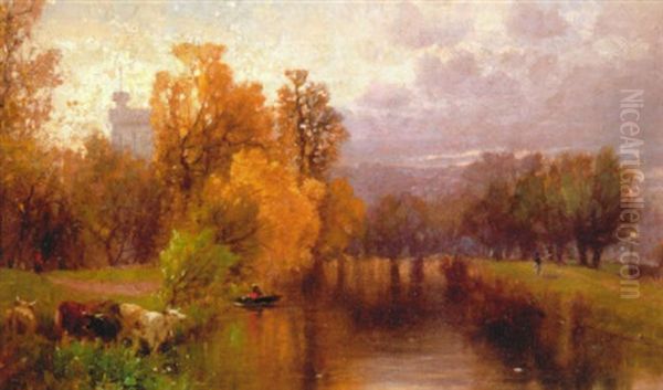 River Landscape With A Distant Town Oil Painting by Albert Fitch Bellows