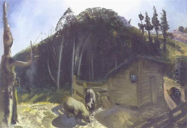 Three Pigs And A Mountain Oil Painting by George Wesley Bellows
