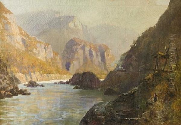 Train Passing Through The Fraser Canyon Near An Indian Fishing Place Oil Painting by Frederic Marlett Bell-Smith