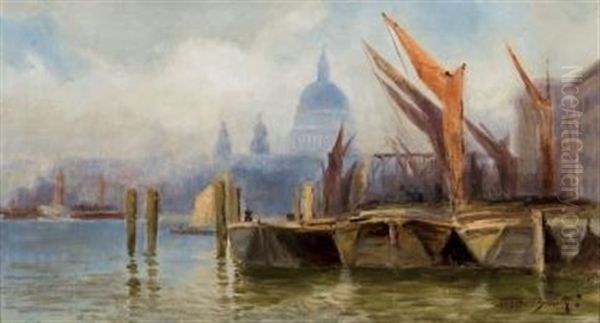 Boats Moored On The Thames, St. Paul's In The Distance Oil Painting by Frederic Marlett Bell-Smith