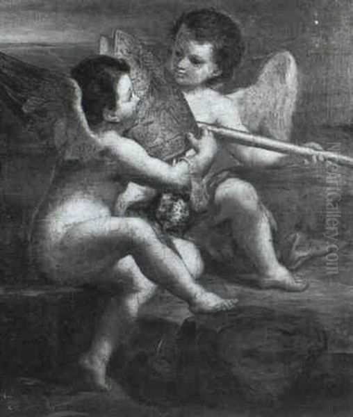 Two Putti In A Landscape Holding A Bishop's Mitre And A     Lance Oil Painting by Antonio Bellucci