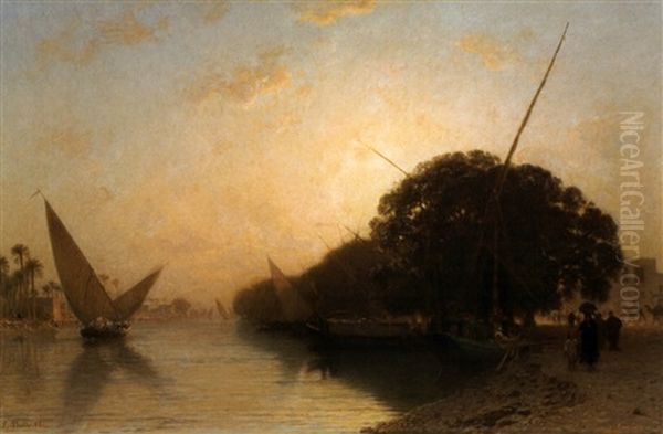 Canal De Mahmoudieh A Alexandrie Le Soir, Egypte Oil Painting by Leon-Auguste-Adolphe Belly