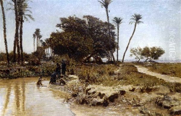 Les Lavandieres De Gizeh Oil Painting by Leon-Auguste-Adolphe Belly