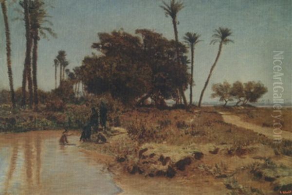 Ile De Gizeh, Le Caire, Femmes Se Baignant Oil Painting by Leon-Auguste-Adolphe Belly
