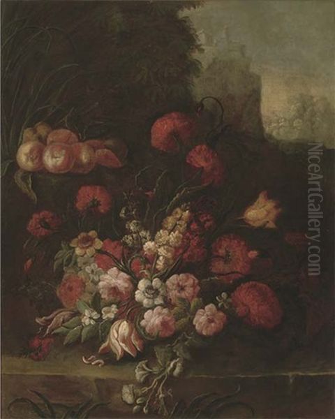 Morning Glory, Chrysanthemums, Roses, Parrot Tulips, Narcissi And Other Flowers With Peaches On A Ledge In A Landscape Oil Painting by Andrea Belvedere