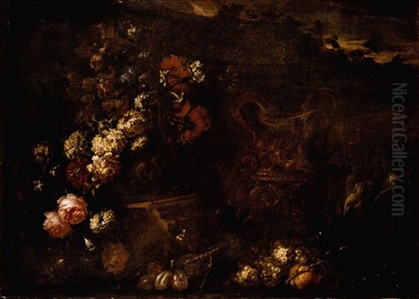 Still Life Of Flowers In A Sculpted Vase, Together With A Large Gilt Ewer, Carved Stone Reliefs And Fruit, Set Within A Landscape Oil Painting by Andrea Belvedere
