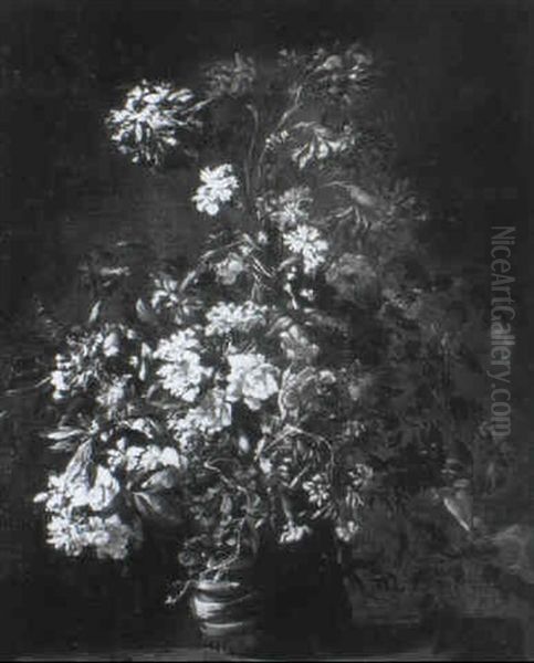 Mixed Flowers In A Vase On A Ledge Oil Painting by Andrea Belvedere