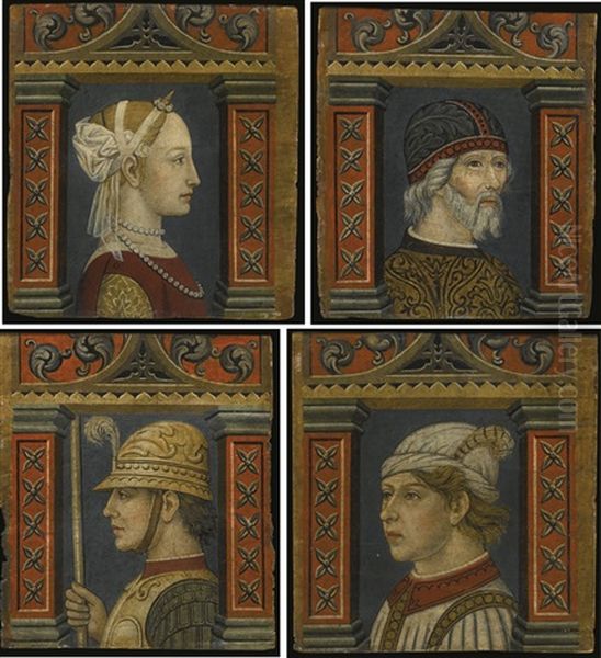 A Set Of Four Portraits Of A Young Lady, A Boy, An Old Man And A Soldier, From A Decorative Frieze Oil Painting by Bonifacio Bembo