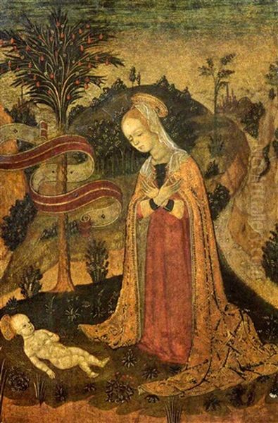 The Madonna Adoring The Child In A Hilly Landscape Oil Painting by Bonifacio Bembo