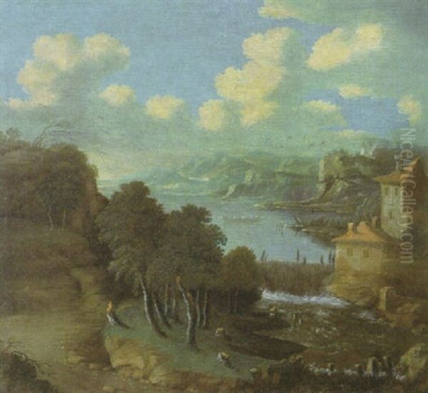 Fluslandschaft Mit Gebauden Am Wasserfall Vorne Rechts Oil Painting by Peter Von Bemmel