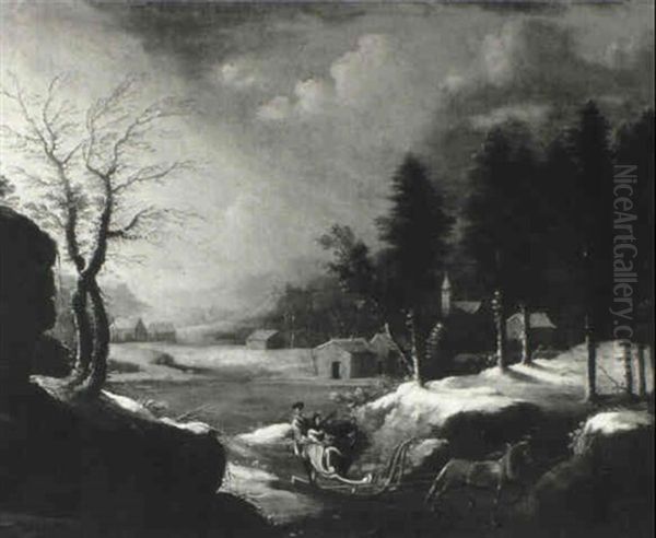 Winter Landscape With Figures On A Horse Drawn Sleigh Oil Painting by Peter Von Bemmel