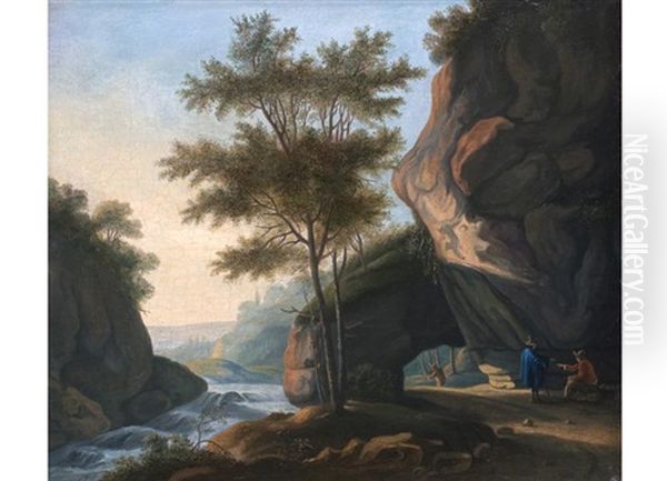 Italienische Landschaft Mit Felsenhohle Und Flusslauf Sowie Figurenstaffage Oil Painting by Willem Van Bemmel