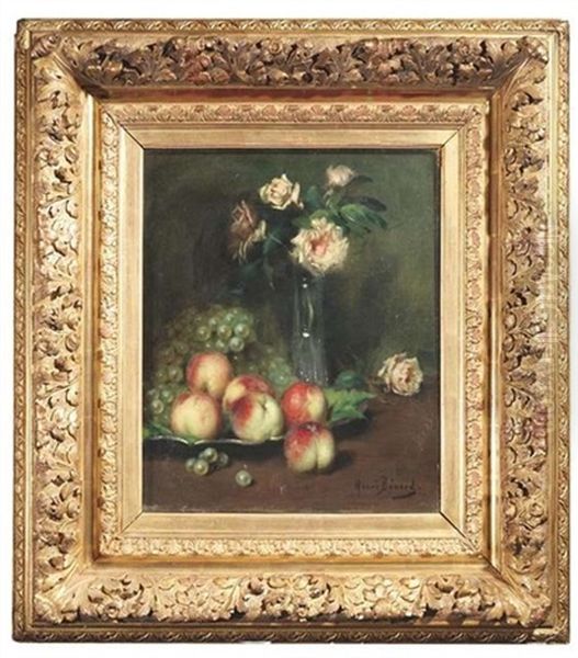 Stilleben Mit Pfirsichen Und Weintrauben Sowie Rosen In Einer Glasvase Oil Painting by Henri Benard