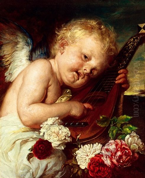 Music,  Putto With Roses (scherzo) Oil Painting by Gyula Benczur