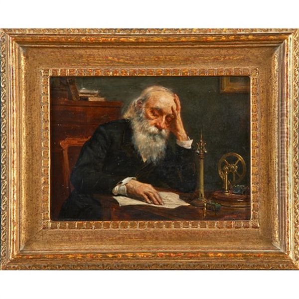 Portrait Of An Elderly Man Reading Amid Scientific Instruments Oil Painting by Gyula Benczur