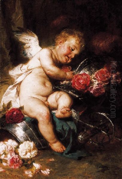 Amor Rozsakkal - A Gyoztes Amor (amor With Roses - The Winning Amor) Oil Painting by Gyula Benczur