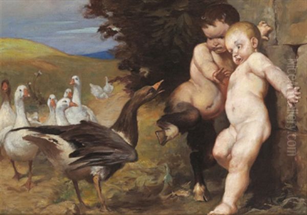 Der Erschrockene Pan Oil Painting by Gyula Benczur