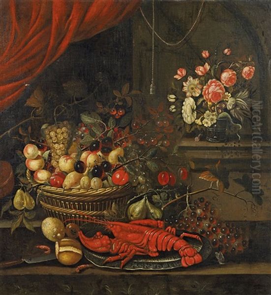 Grosses Stillleben Mit Hummer, Fruchten Und Blumen Oil Painting by Andrea Benedetti