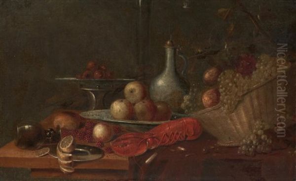 Nature Morte Au Homard, Panier De Fruits Et Verre Romer Oil Painting by Andries Benedetti