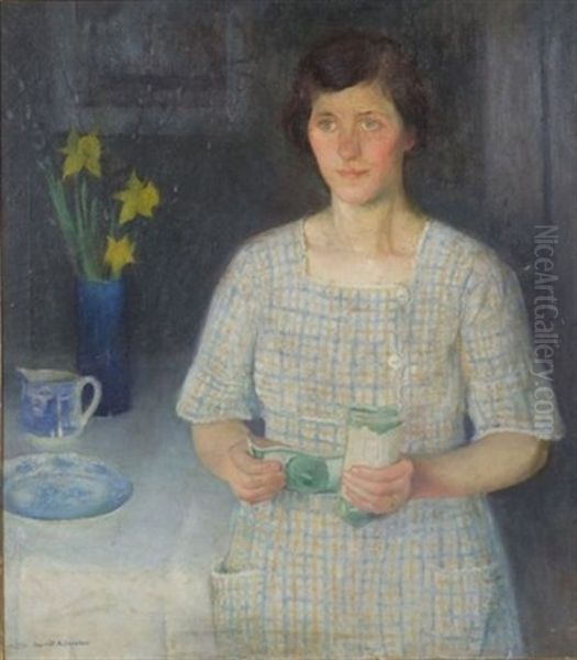 Mrs. Beneker Counting Money Oil Painting by Gerrit Beneker