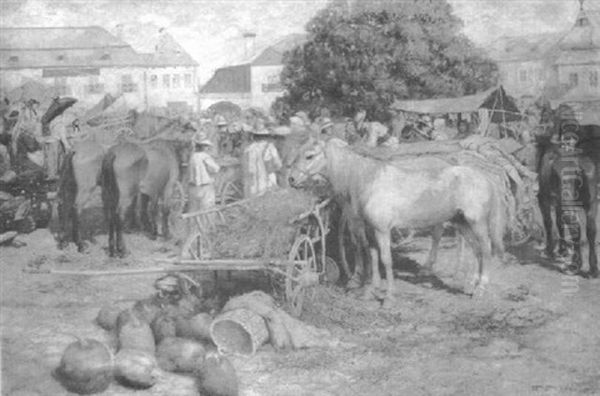 Horse Market Oil Painting by Pal Benes