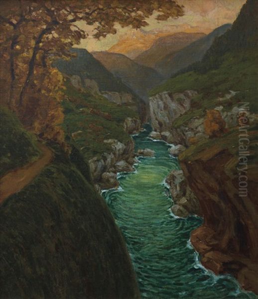 Paesaggio Ligure Col Torrente Arroscia Oil Painting by Alberto Beniscelli