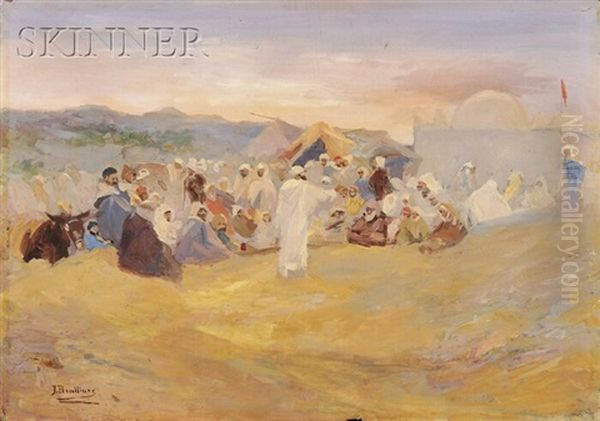 View Of A North African Gathering (study) Oil Painting by Jose Benlliure Y Gil
