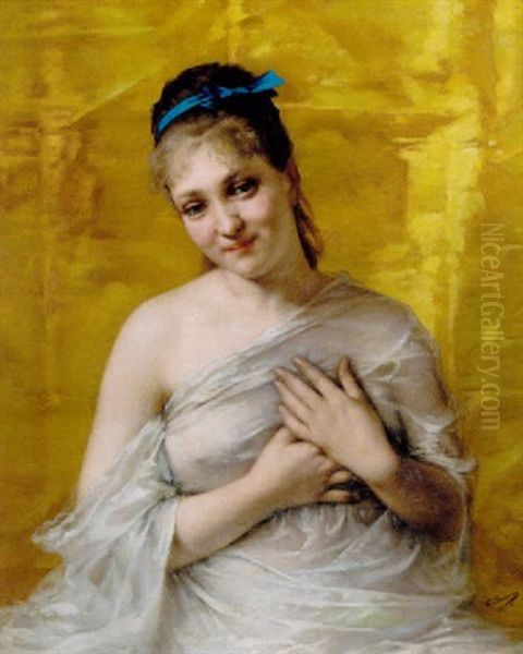 Ung Kvinde I Lette Gevandter Pa Gul Baggrund Oil Painting by Emmanuel Benner