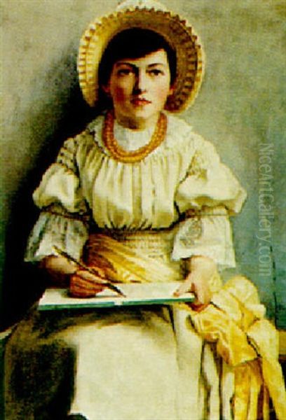Portrait Of A Young Girl Seated, Dressed In Yellow Oil Painting by Joseph Arthur Bennett