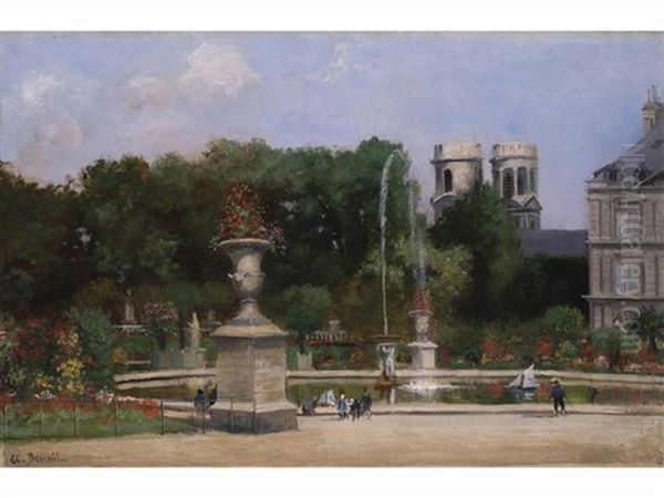 Ansicht Eines Herrschaftlichen Parks Mit Springbrunnenbassin, Grossen Vasen Und Einer Doppelturmen Kirche Im Hintergrund Oil Painting by Antoine Benoist, or Benoit du Cercle
