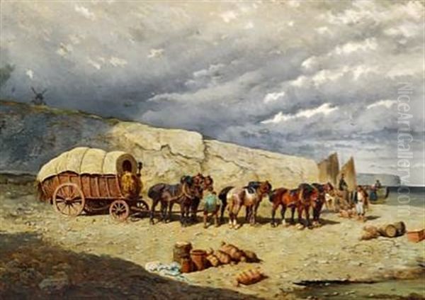 Coastal View With A Horse-drawn Carriage On The Beach, Brittany Oil Painting by Alexander Ritter Von Bensa