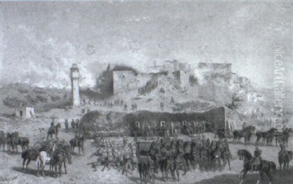 A Cavalry Charge And The Sacking Of A Village Oil Painting by Alexander Ritter Von Bensa