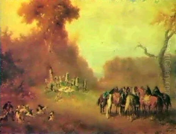 A Hunting Party At Rest. Oil Painting by Alexander Ritter Von Bensa