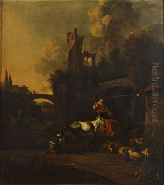 La Halte De La Bergere Chez Le Marechalferrant Oil Painting by Johannes van der Bent