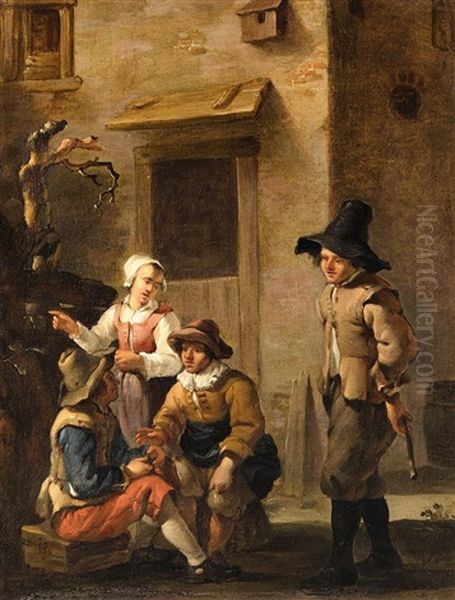 Four Figures Conversing In The Courtyard Of An Italian House Oil Painting by Johannes van der Bent