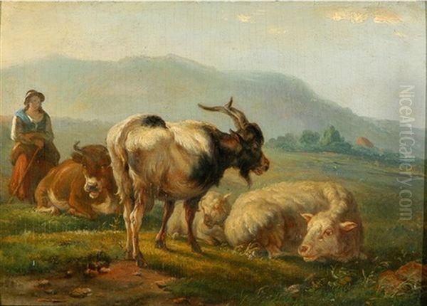 Landschaft Mit Hirtin, Kuh, Ziege Und Schafen Oil Painting by Johannes van der Bent
