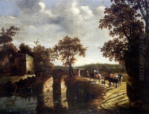 Le Paysage Au Pont De Pierre Avec Trois Paysans Oil Painting by Johannes van der Bent