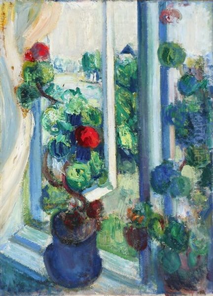 Flowers In A Window Oil Painting by Axel Bentzen