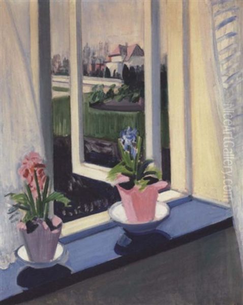 Interior Med Hyacinter I Abent Vindue Oil Painting by Axel Bentzen
