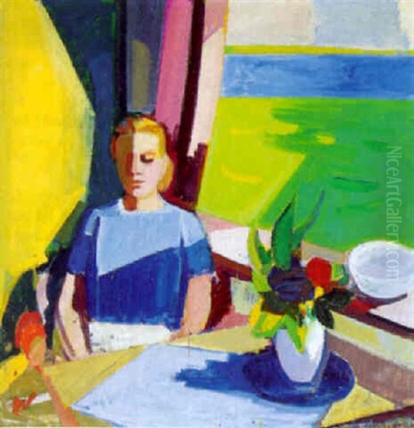 Interior Med Ung Kvinde Ved Bord Oil Painting by Axel Bentzen