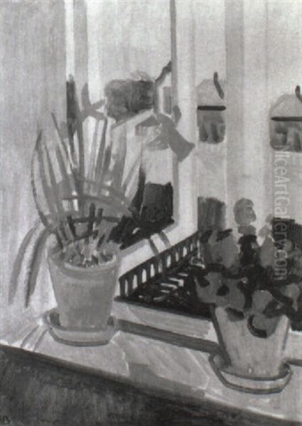 Blomster I En Vindueskarm Oil Painting by Axel Bentzen